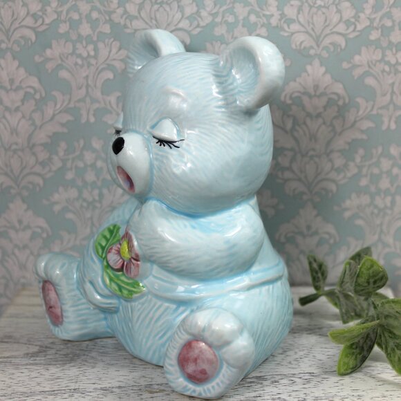 Vintage Ceramic "Piggy Bank" Blue Teddy Bear: Made in Taiwan Nursery Decor - Picture 3 of 8